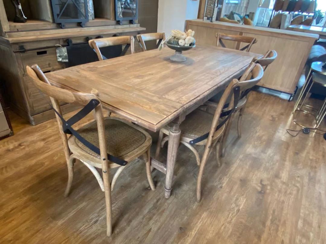 Old Elm French Extension Dining Table 140-185cm + 6 Porto Oak Metal Cross Chairs Set image 3